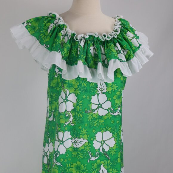 Vintage Hawaiian Green Ruffled Floral Tropical Handmade Long Train Dress Gown - Picture 1 of 6